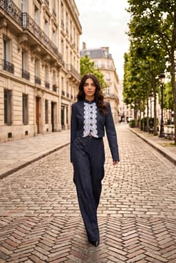 Completo 2 Pezzi Donna Blu Navy Giacca Corta in Pizzo e Pantaloni a Palazzo