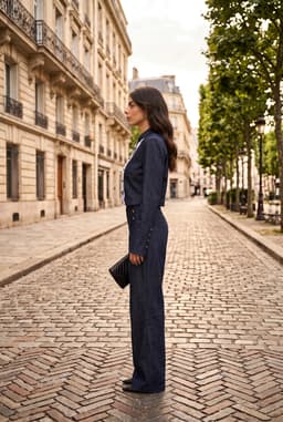 Completo 2 Pezzi Donna Blu Navy Giacca Corta in Pizzo e Pantaloni a Palazzo