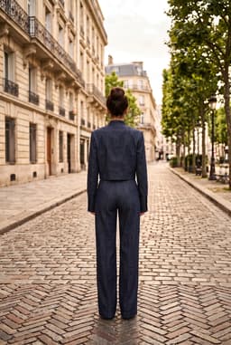 Completo 2 Pezzi Donna Blu Navy Giacca Corta in Pizzo e Pantaloni a Palazzo