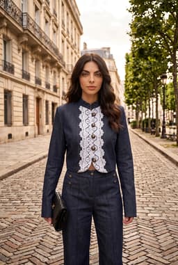 Completo 2 Pezzi Donna Blu Navy Giacca Corta in Pizzo e Pantaloni a Palazzo