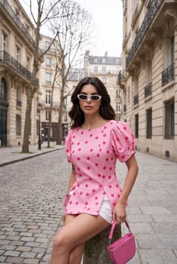 Camicetta da Donna a Pois Rosa con Maniche a Palloncino e Spalline