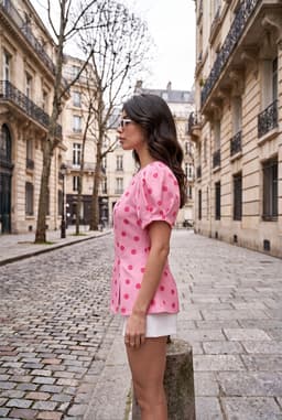 Camicetta da Donna a Pois Rosa con Maniche a Palloncino e Spalline