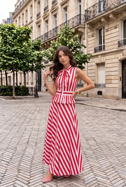 Conjunto de 2 Peças Feminino Blusa de Riscas Vermelhas com Laço e Saia Comprida