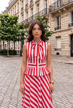 Conjunto de 2 Peças Feminino Blusa de Riscas Vermelhas com Laço e Saia Comprida