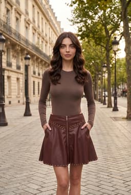 Mini-jupe en Similicuir Cloutée à Fermeture Éclair - Marron