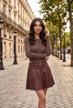 Mini-jupe en Similicuir Cloutée à Fermeture Éclair - Marron