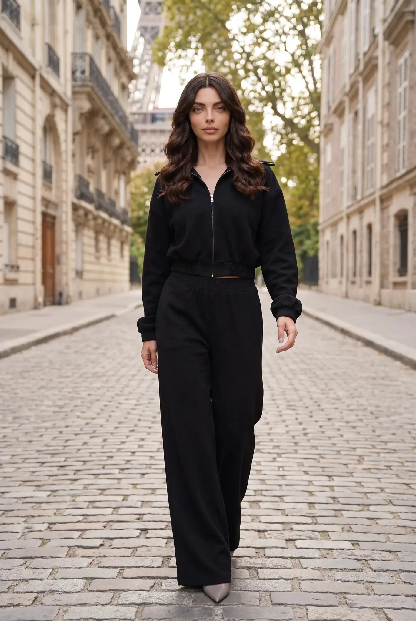 Completo nero da 2 pezzi con felpa zip e pantaloni
