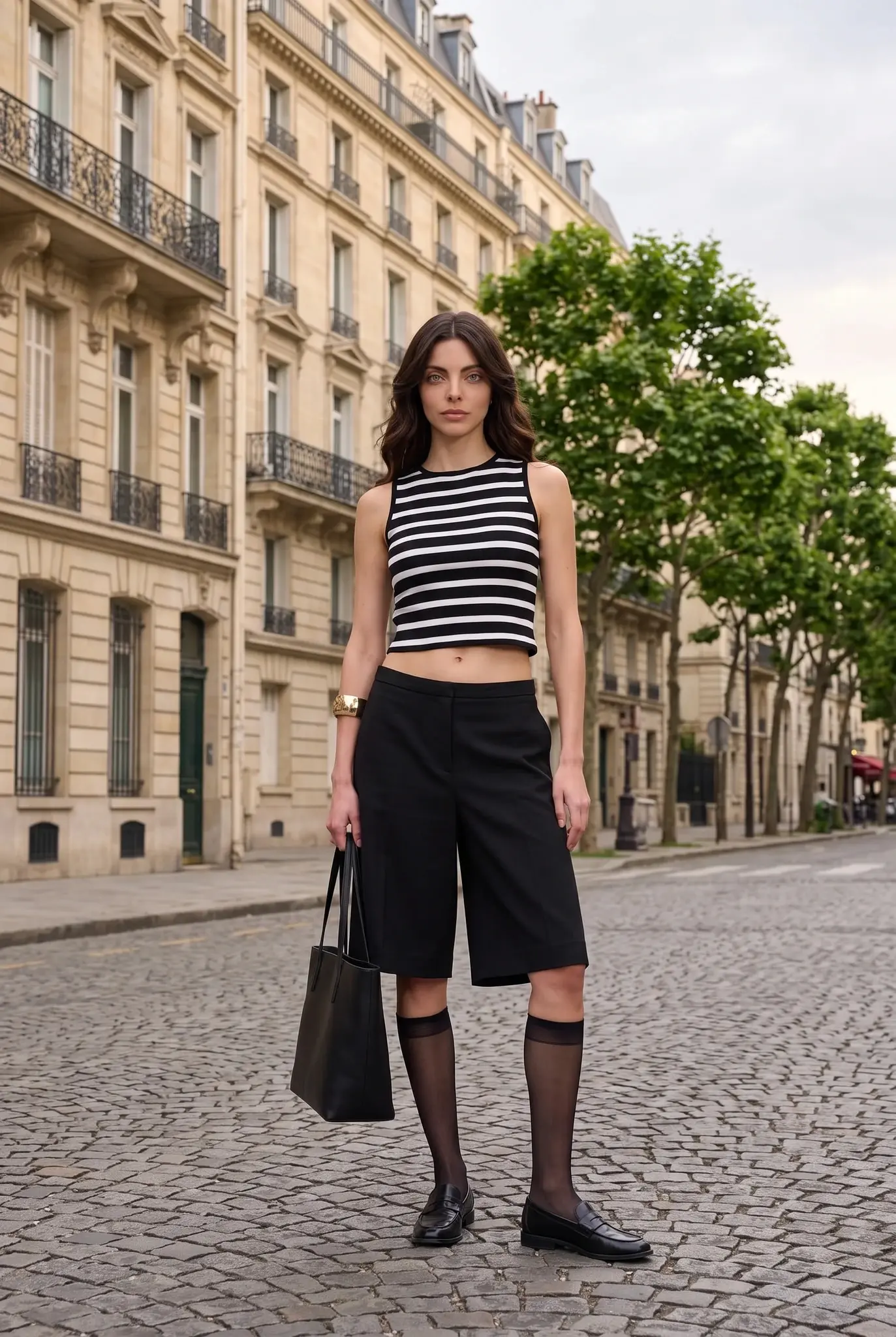 Siyah Beyaz Çizgili Dik Yaka Fitilli Crop Top