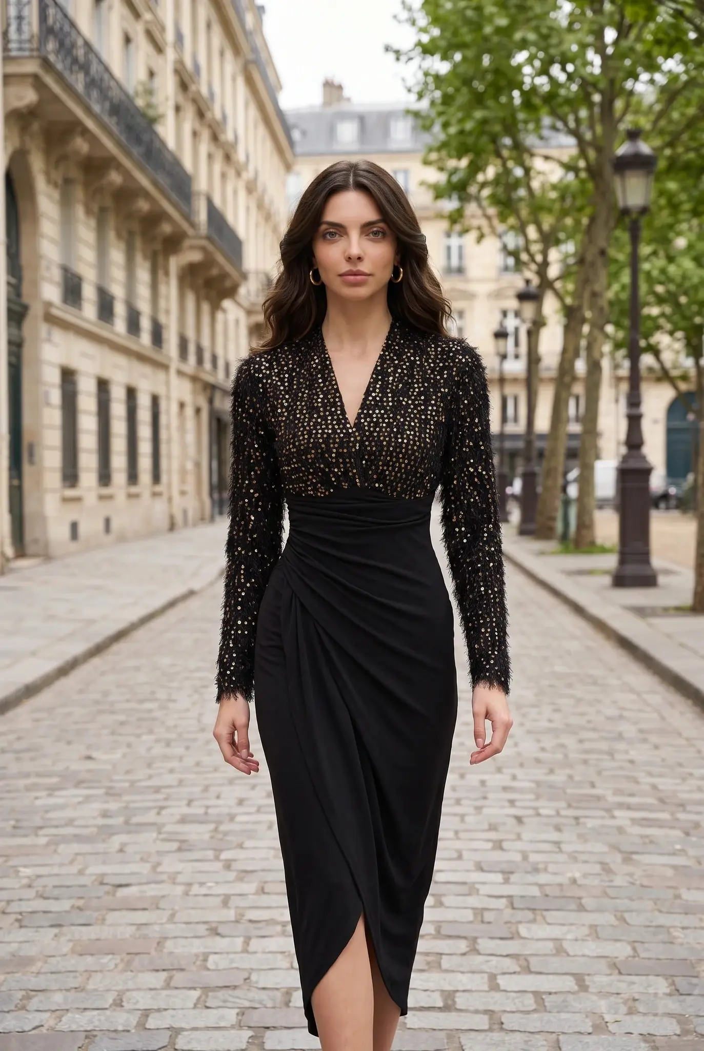 Robe Midi Noire à Sequins et Manches Longues