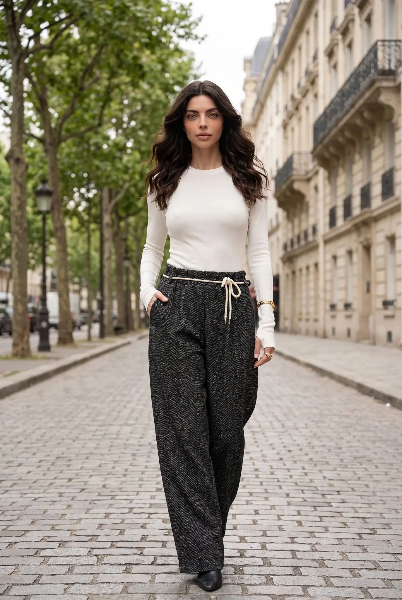 Pantaloni Neri in Tweed con Coulisse Vestibilità Comoda