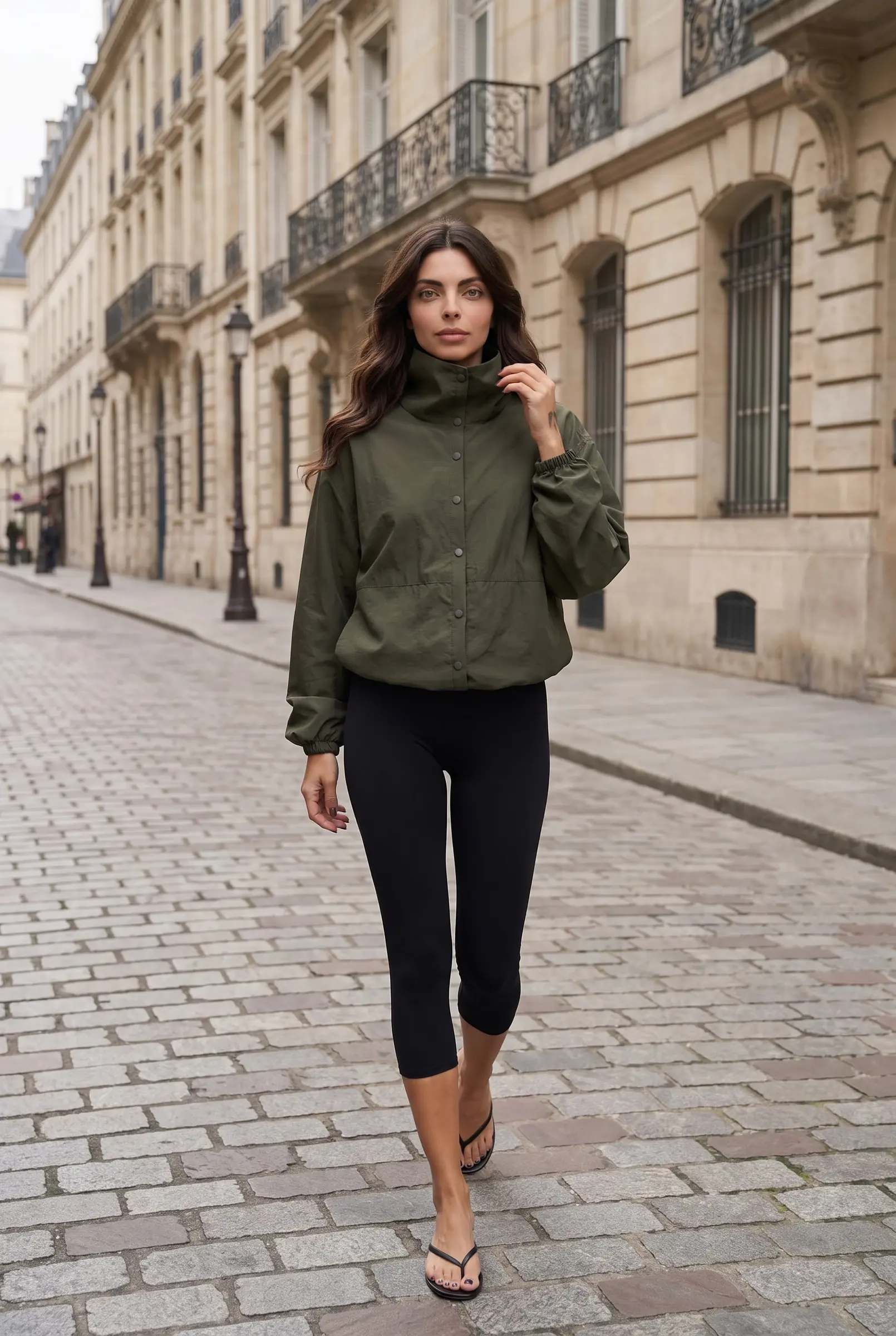 Casaco Parachute Caqui Feminino Oversize Botões de Pressão