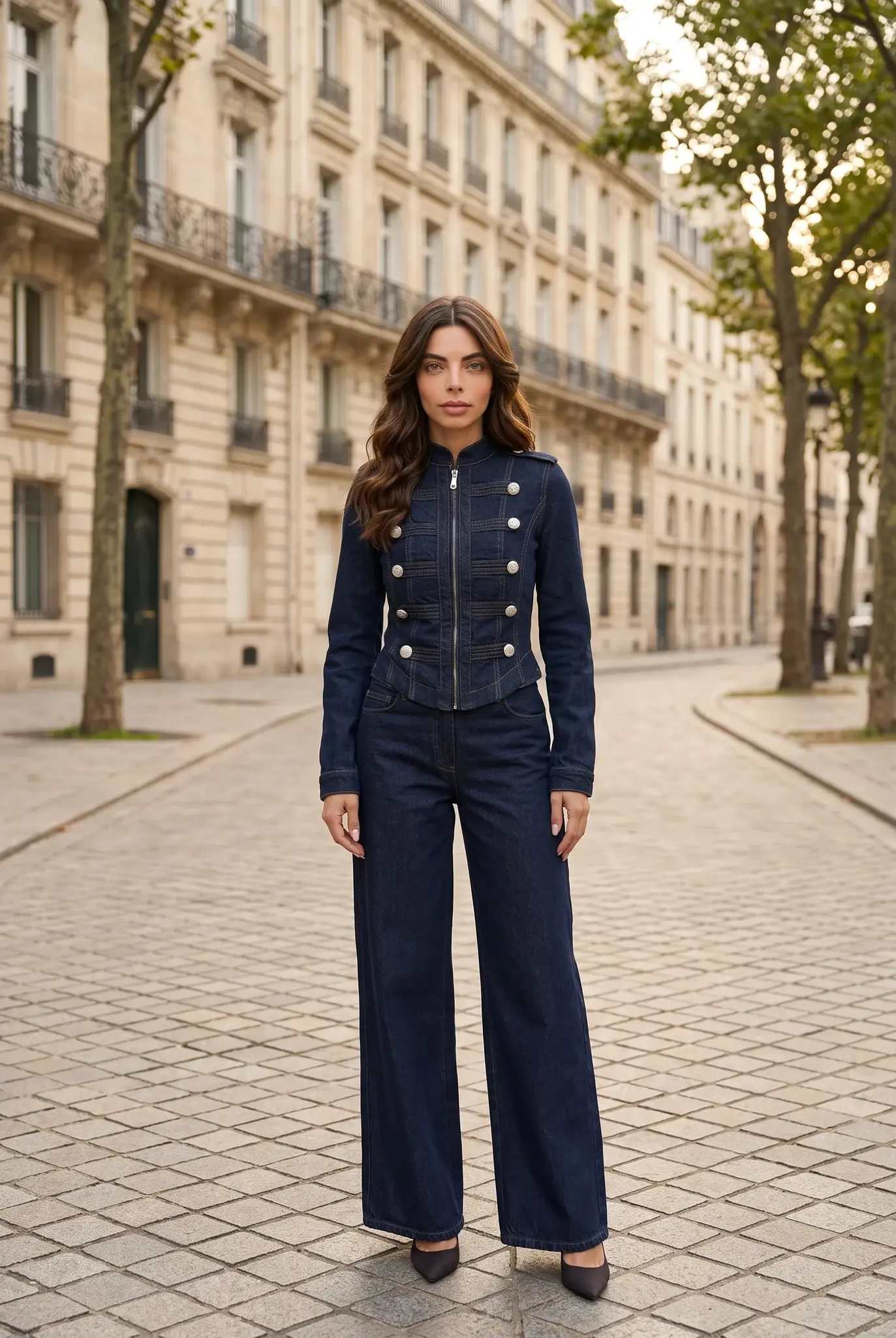 Mörkblå Denim Set Militärjacka och Vida Byxor
