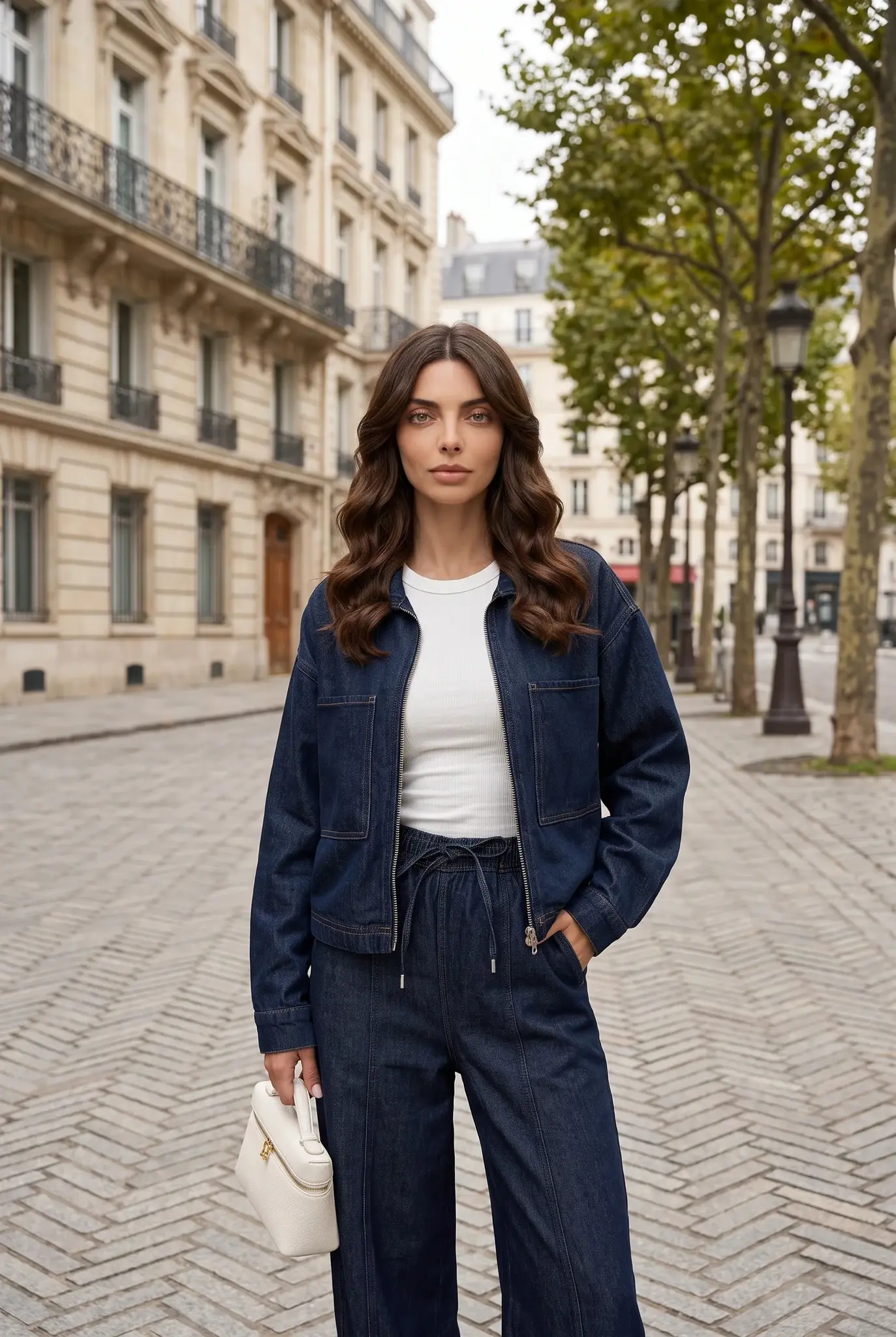 Conjunto Co-ord de Jaqueta com Zíper e Calça Larga Jeans Azul Marinho