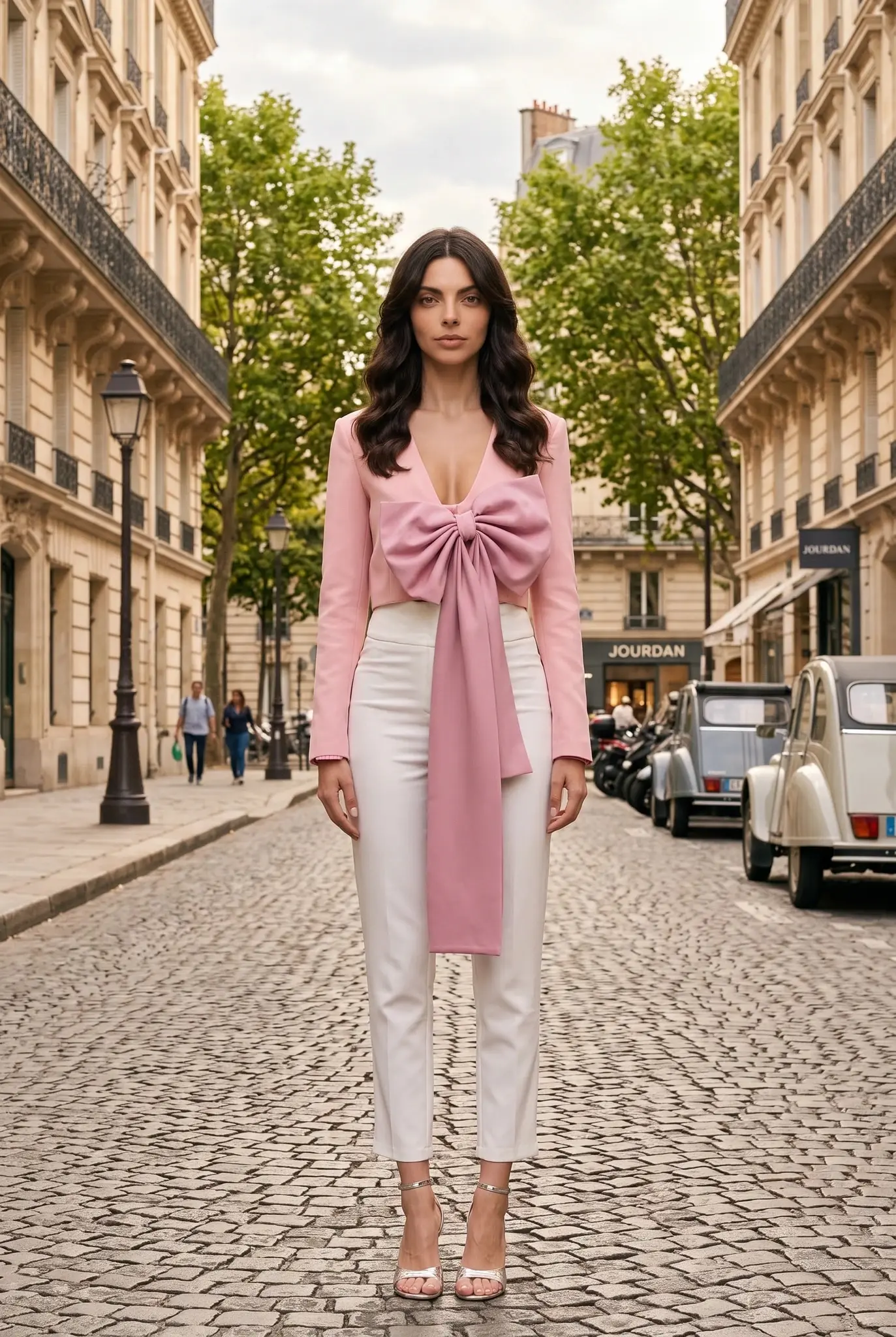 Pink Crop Blazer Jacket, Deep V-Neck Tailored Bow Jacket
