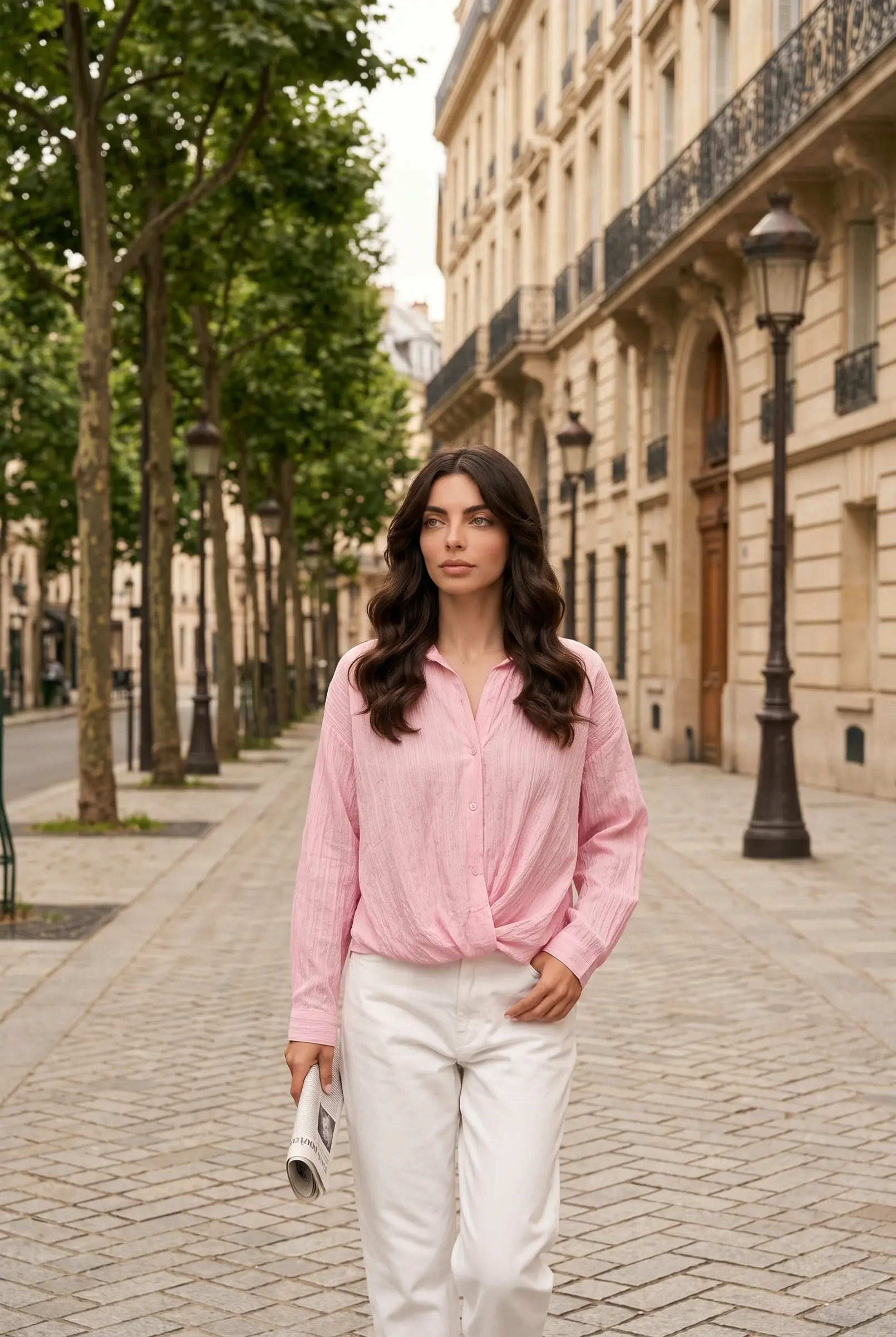 Camisa de Modal Rosa con Bajo Fruncido — Rosa
