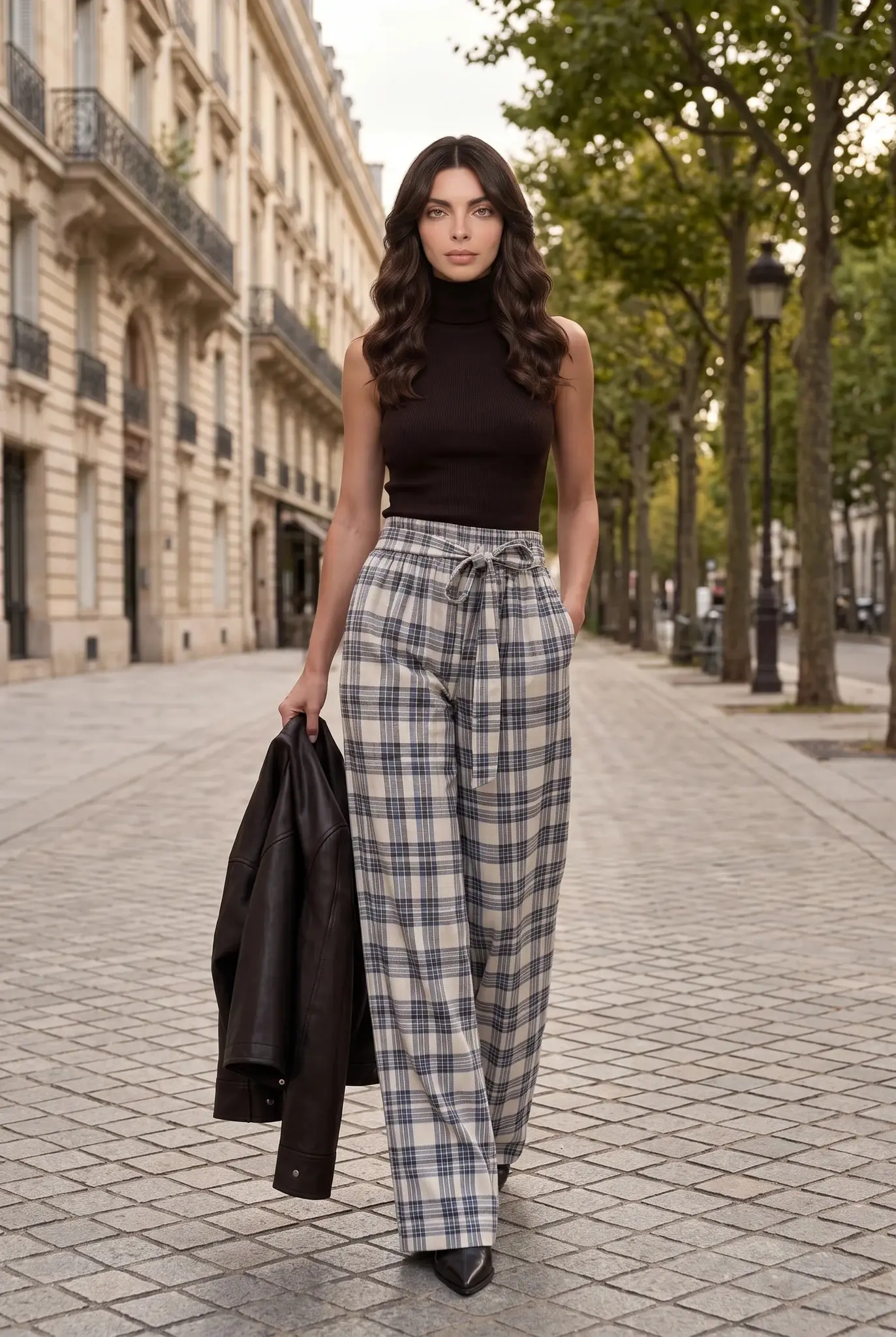Pantaloni Larghi a Quadri Vita Alta con Cintura Beige — Beige-Nero