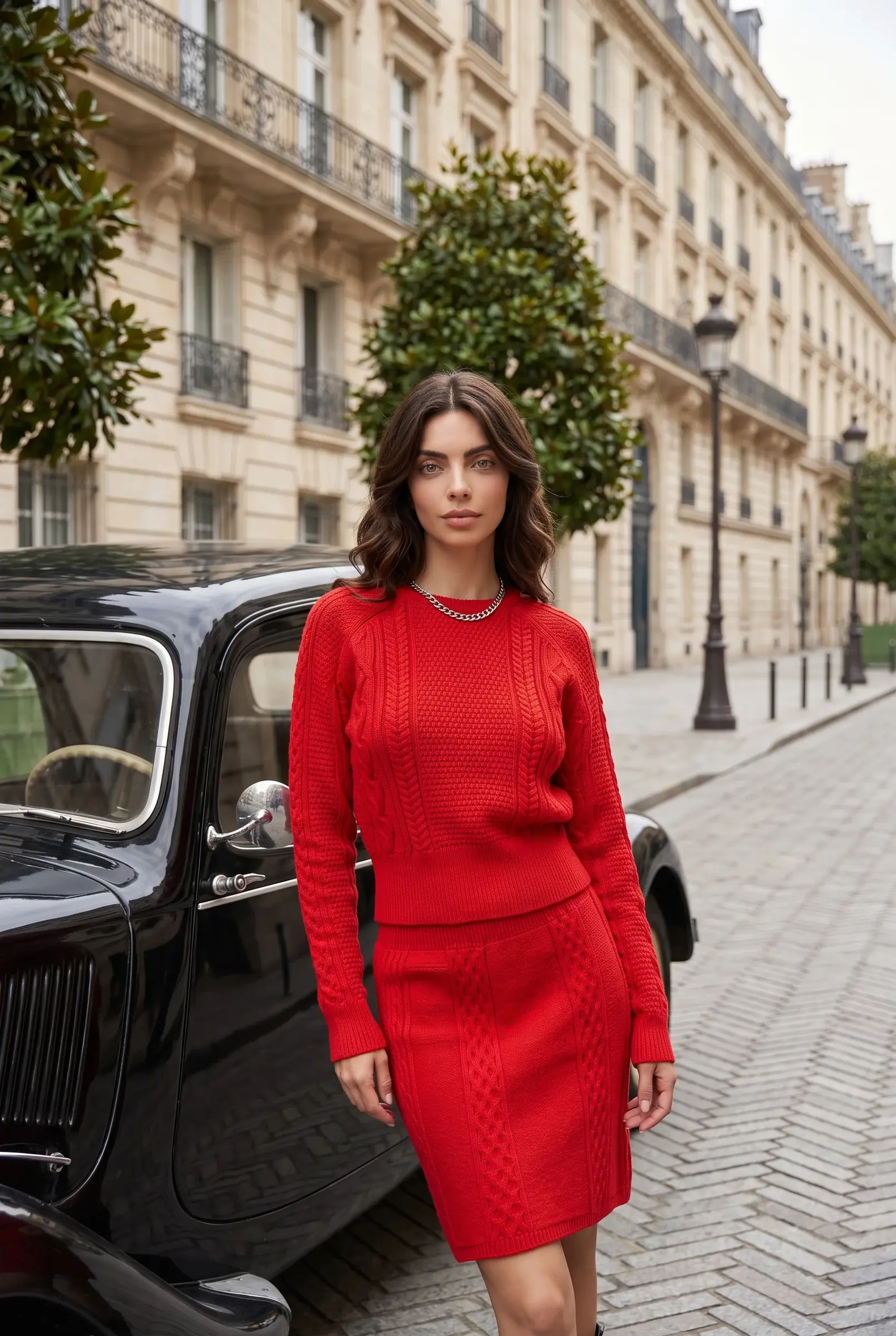 Red Knit Skirt Set Chain Detail Two Piece Outfit