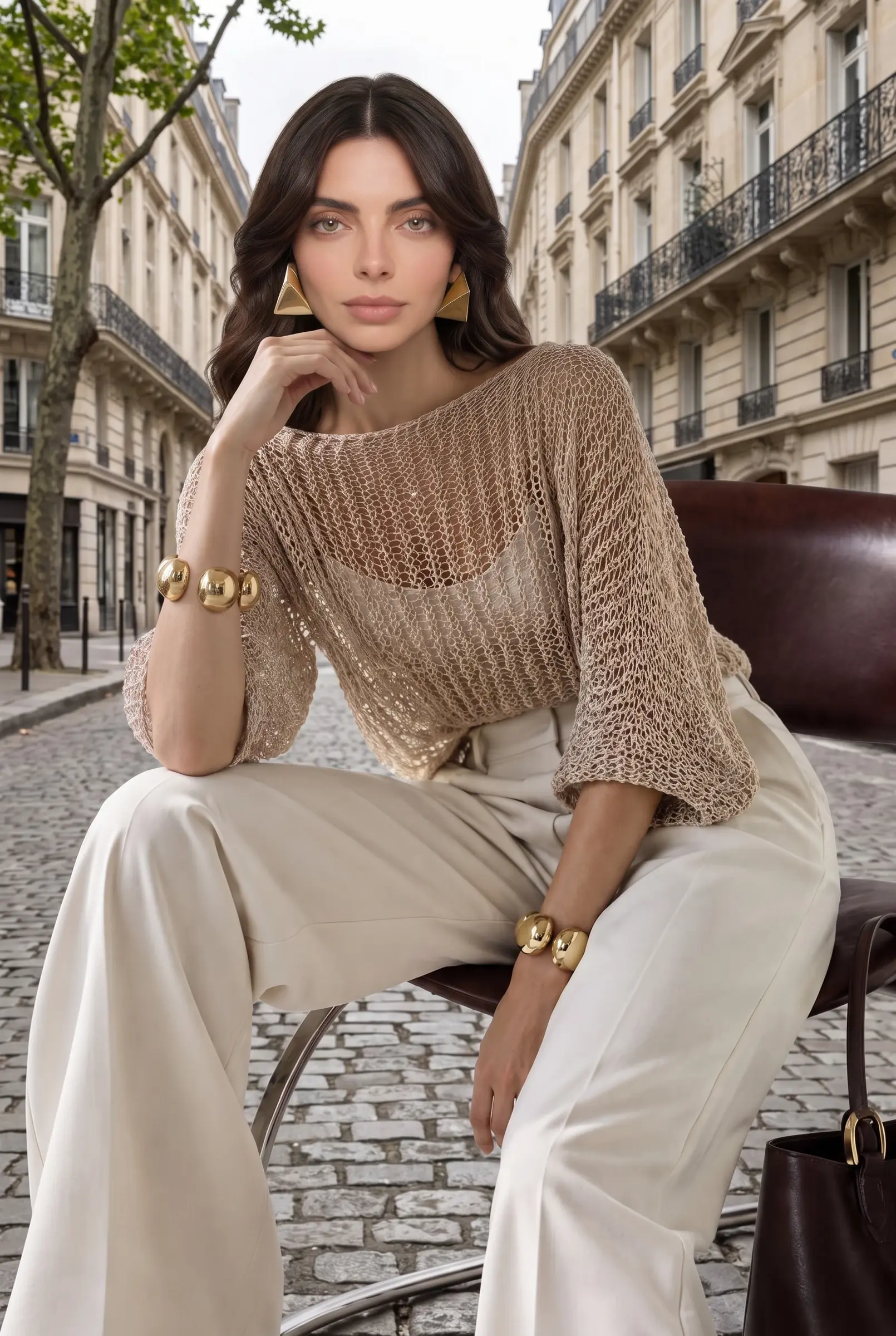 Transparentes Grobstrick-Top mit überschnittenen Schultern in Beige — Beige