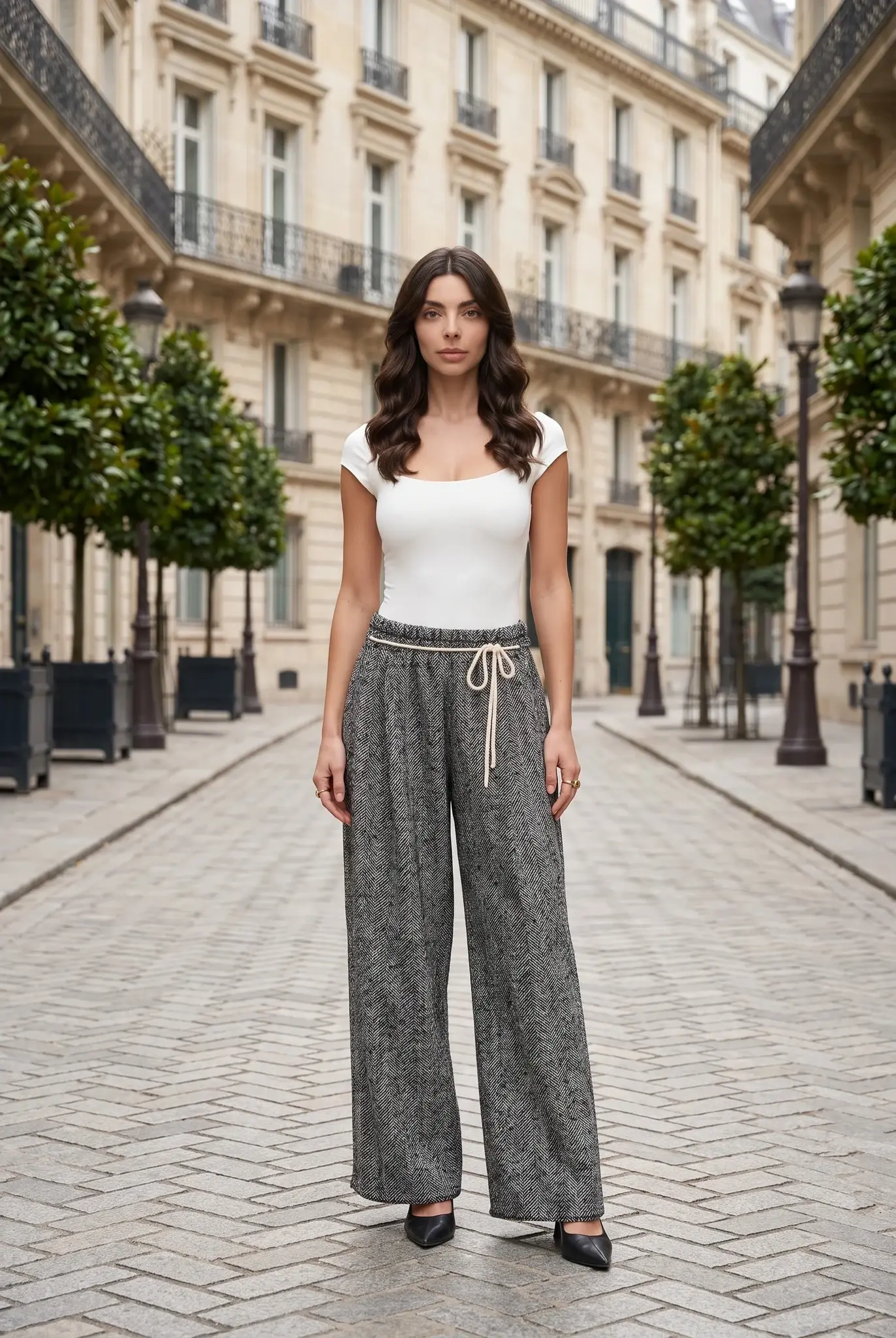 Pantalón Ancho de Tweed Corte Relaxed Crudo