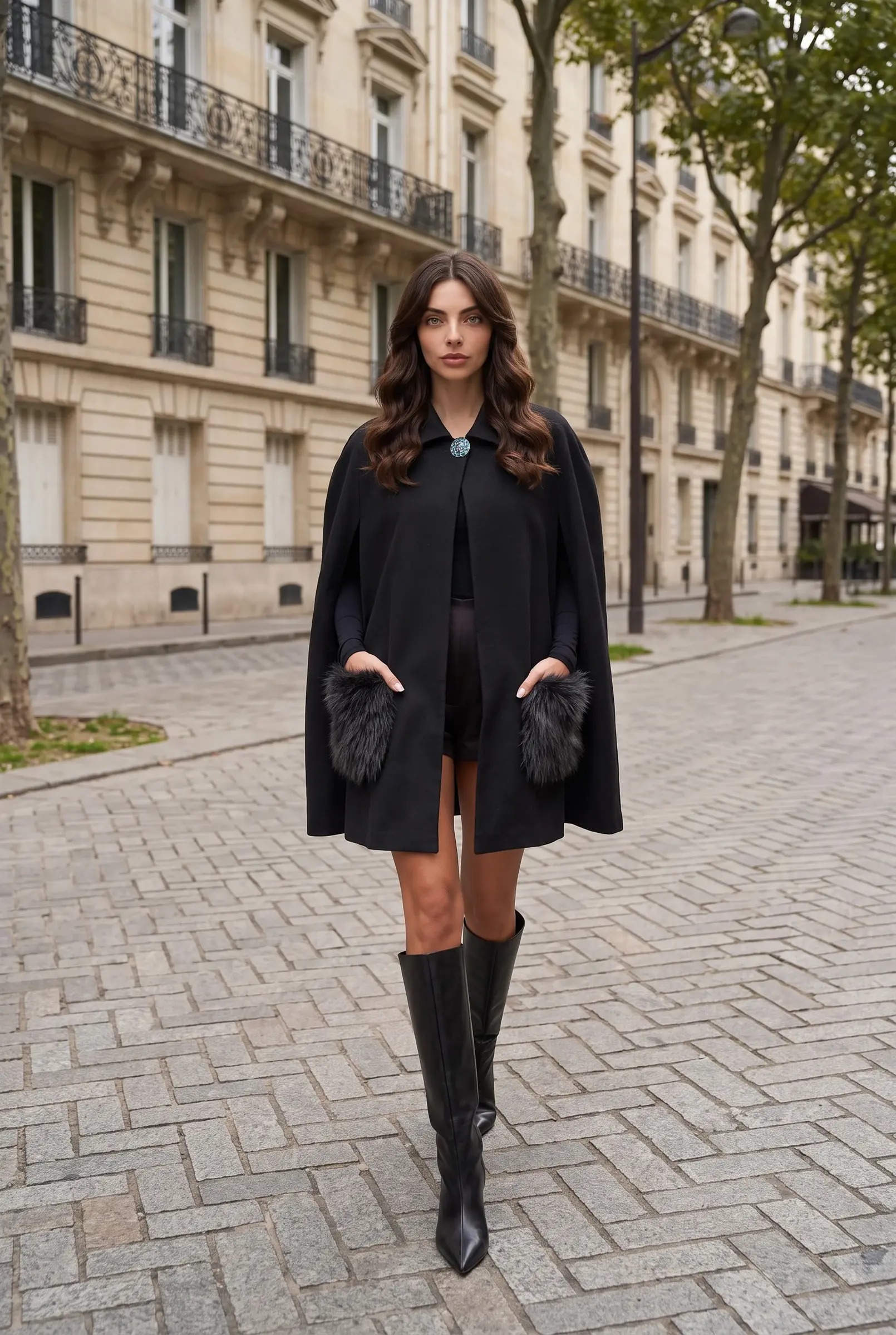 Damen Anthrazit Cape Mantel mit Felltaschen