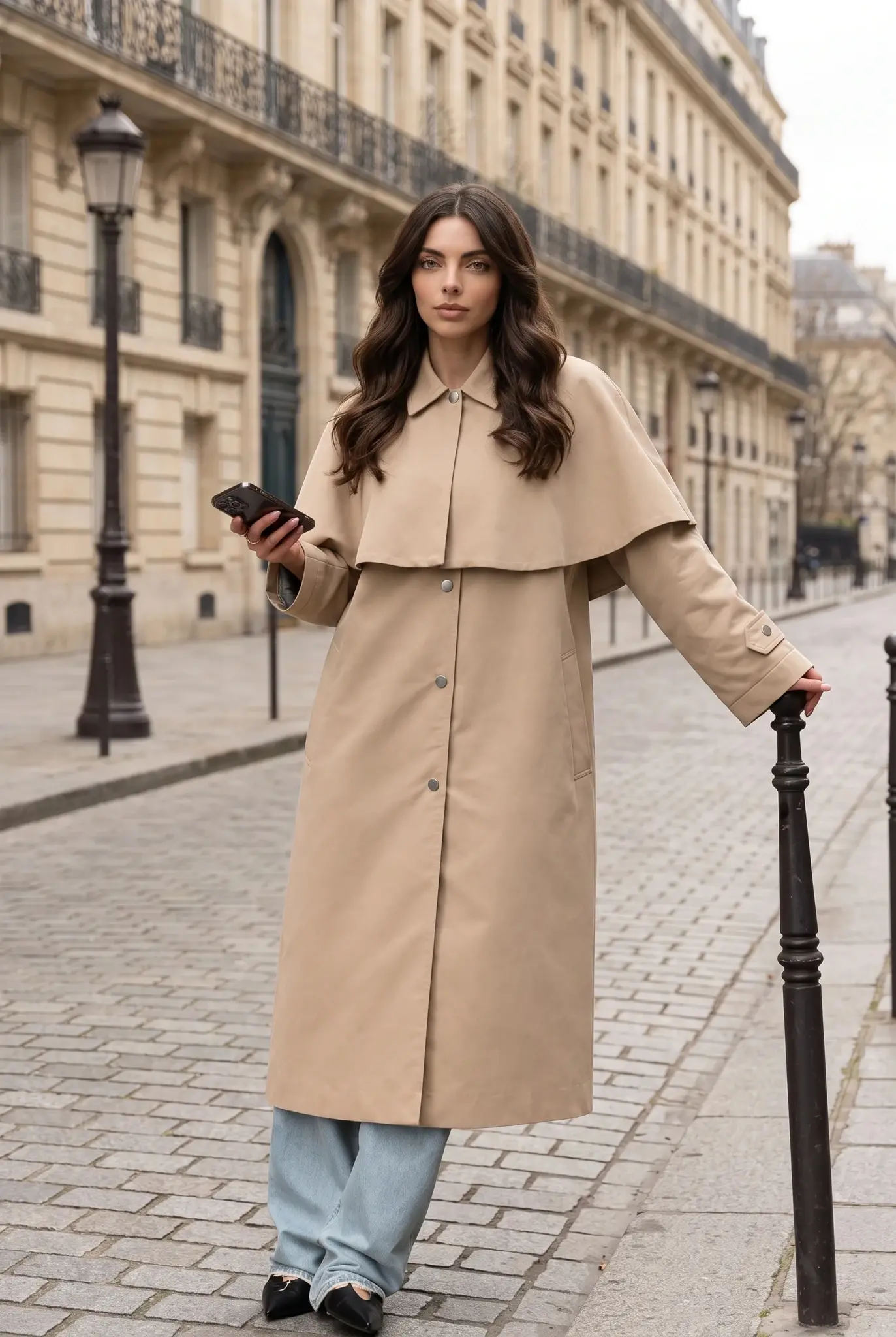 Damen Beiger Trenchcoat mit Cape-Overlay