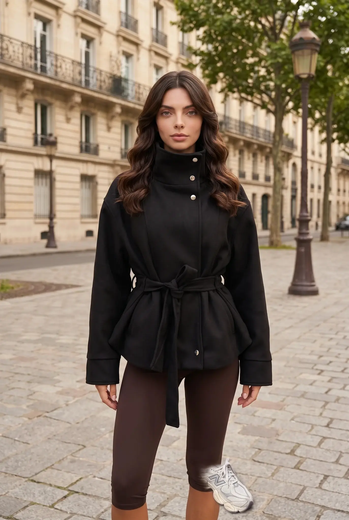 Chaqueta Corta Negra Oversize con Cinturón y Cuello Alto para Mujer