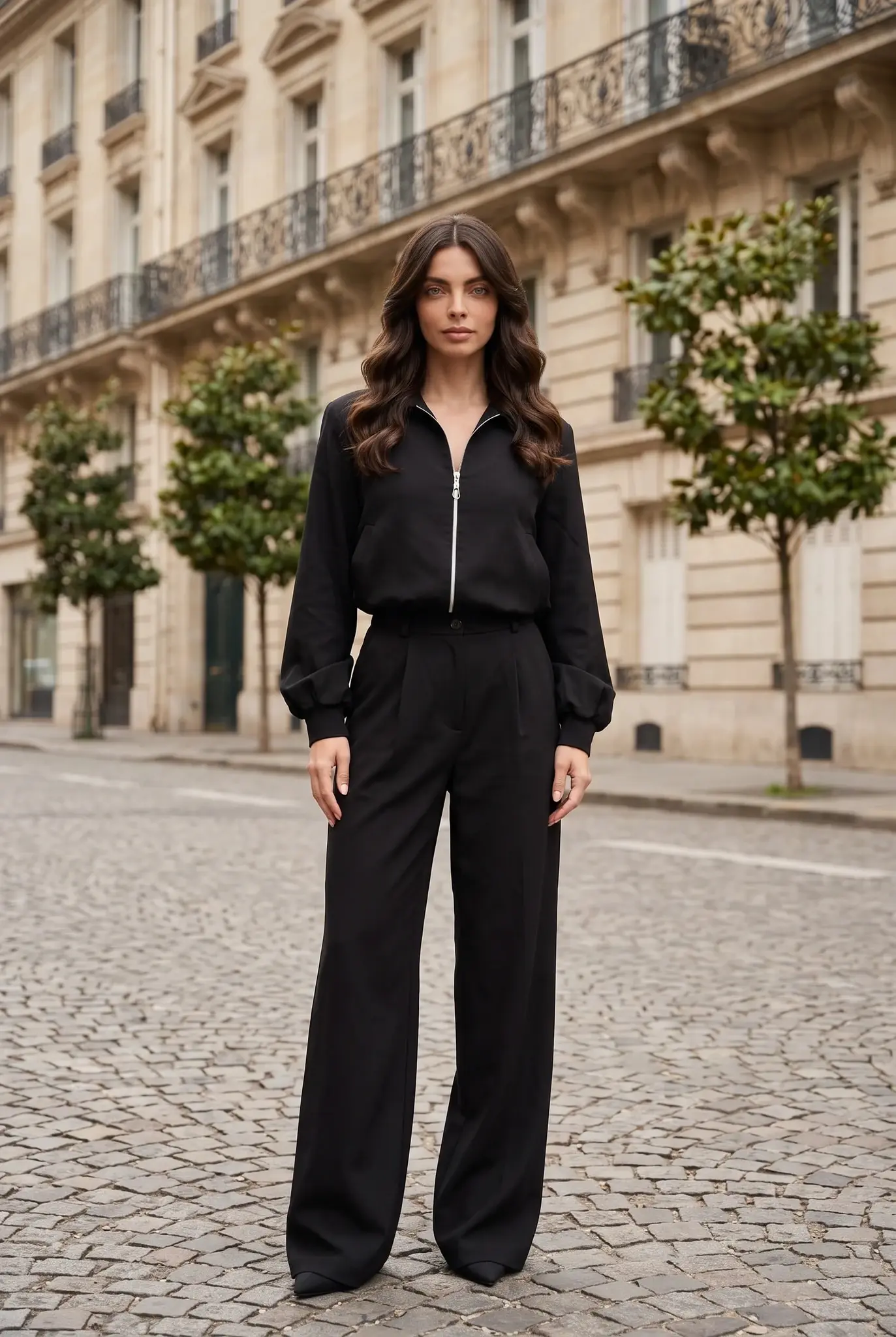 Set Pantalone sartoriale nero da donna con giacca con zip
