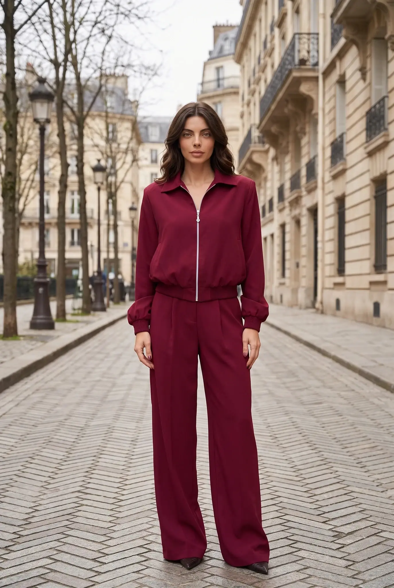 Fato de Senhora Bordeaux com Casaco de Fecho e Calças Largas