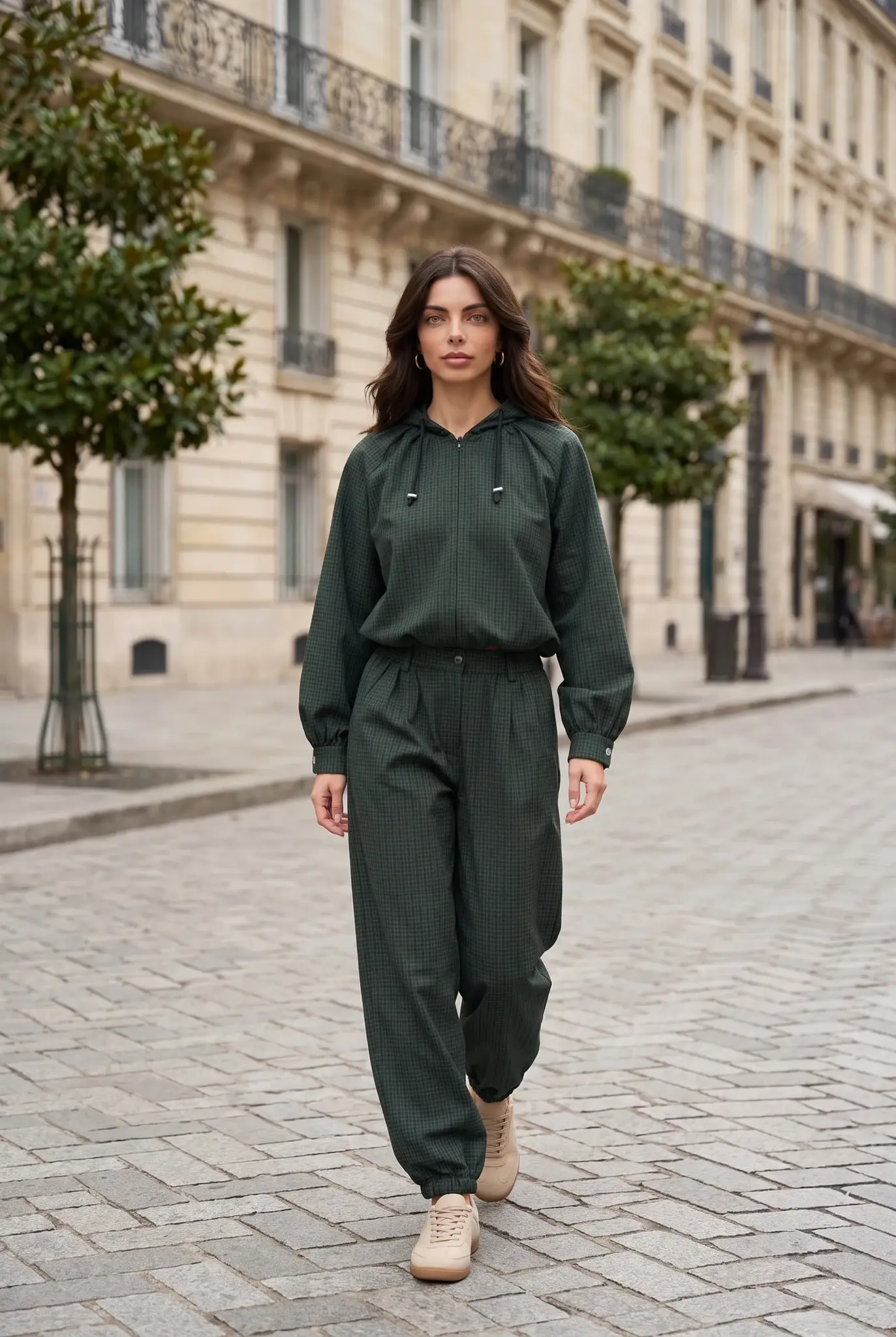 Women's Checked Balloon 2-Piece Set Hooded Zip-Up Tracksuit Multi