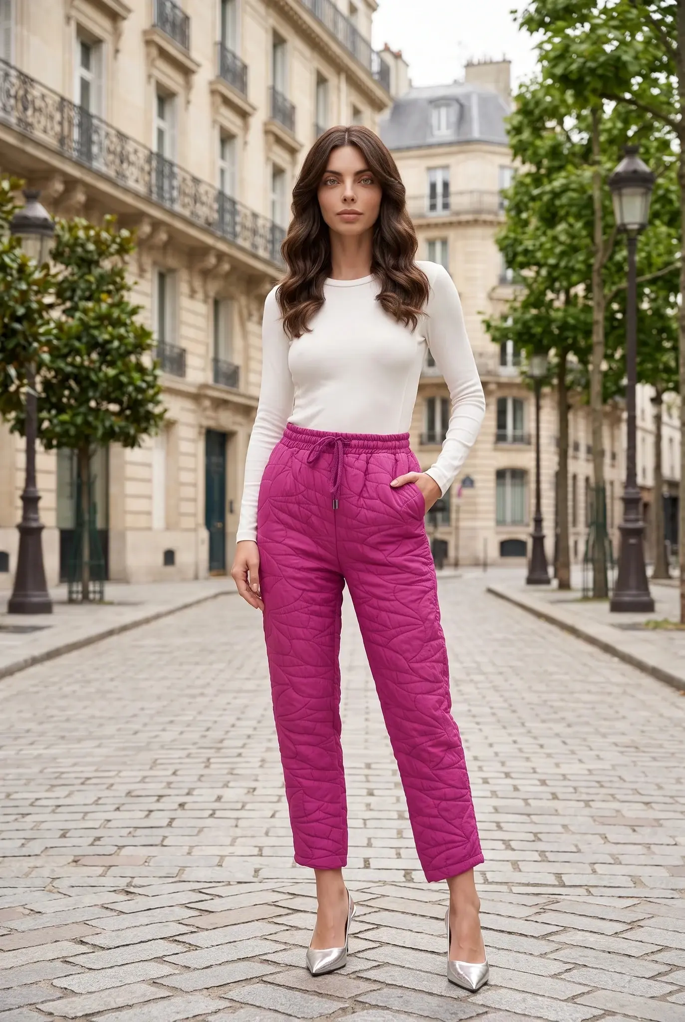 Women's Fuchsia Textured Tapered Trousers