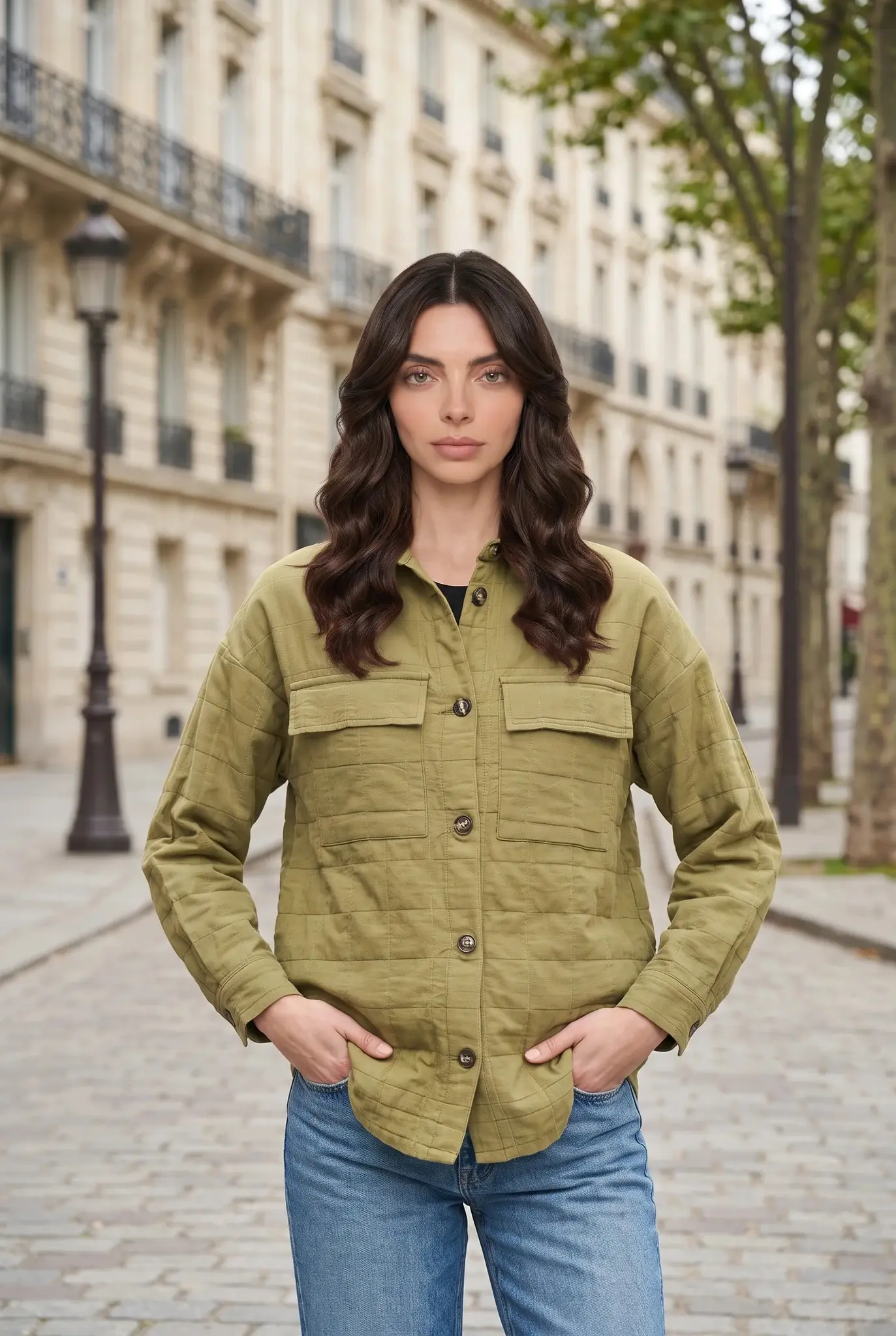 Geknöpfte Damen Khaki Texturierte Hemd mit Tasche