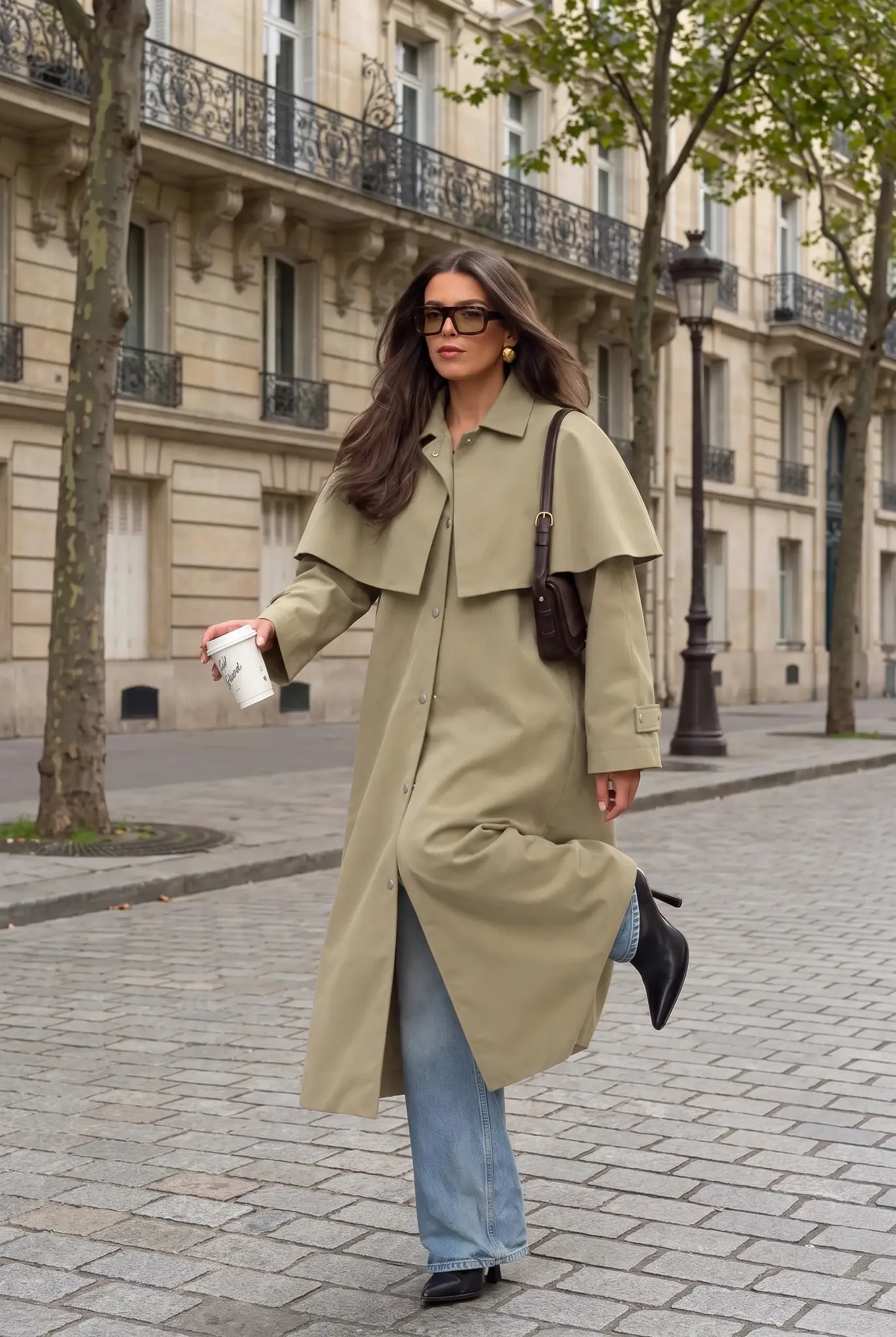 Damen Trenchcoat Khaki Stehkragen Langer Mantel
