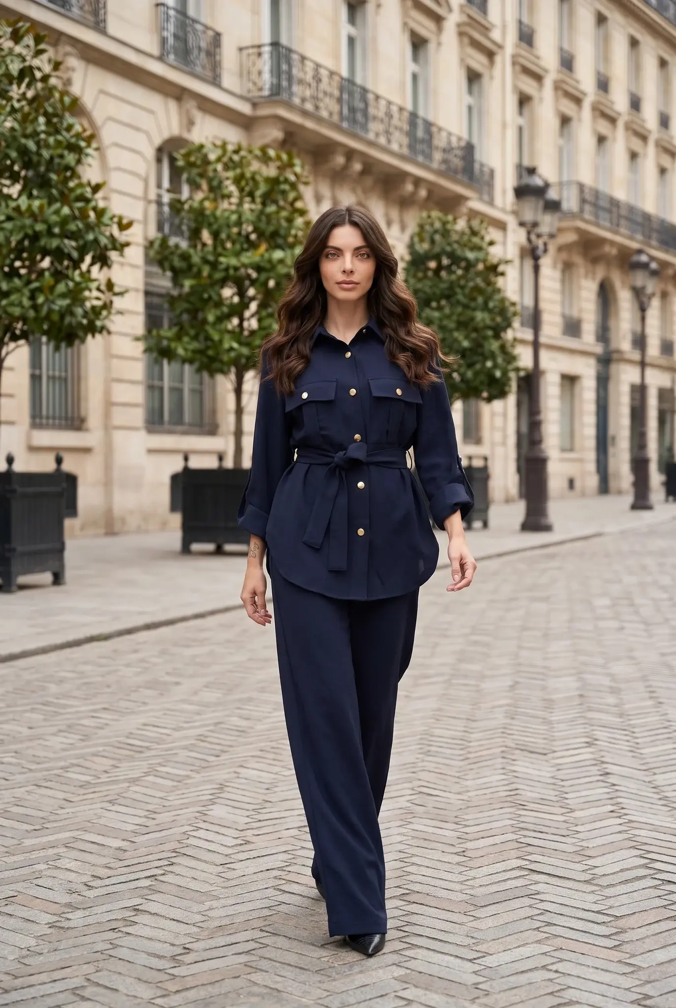 Set Đồ Nữ 2 Món Xanh Navy Áo Sơ Mi Thắt Lưng & Quần Dài