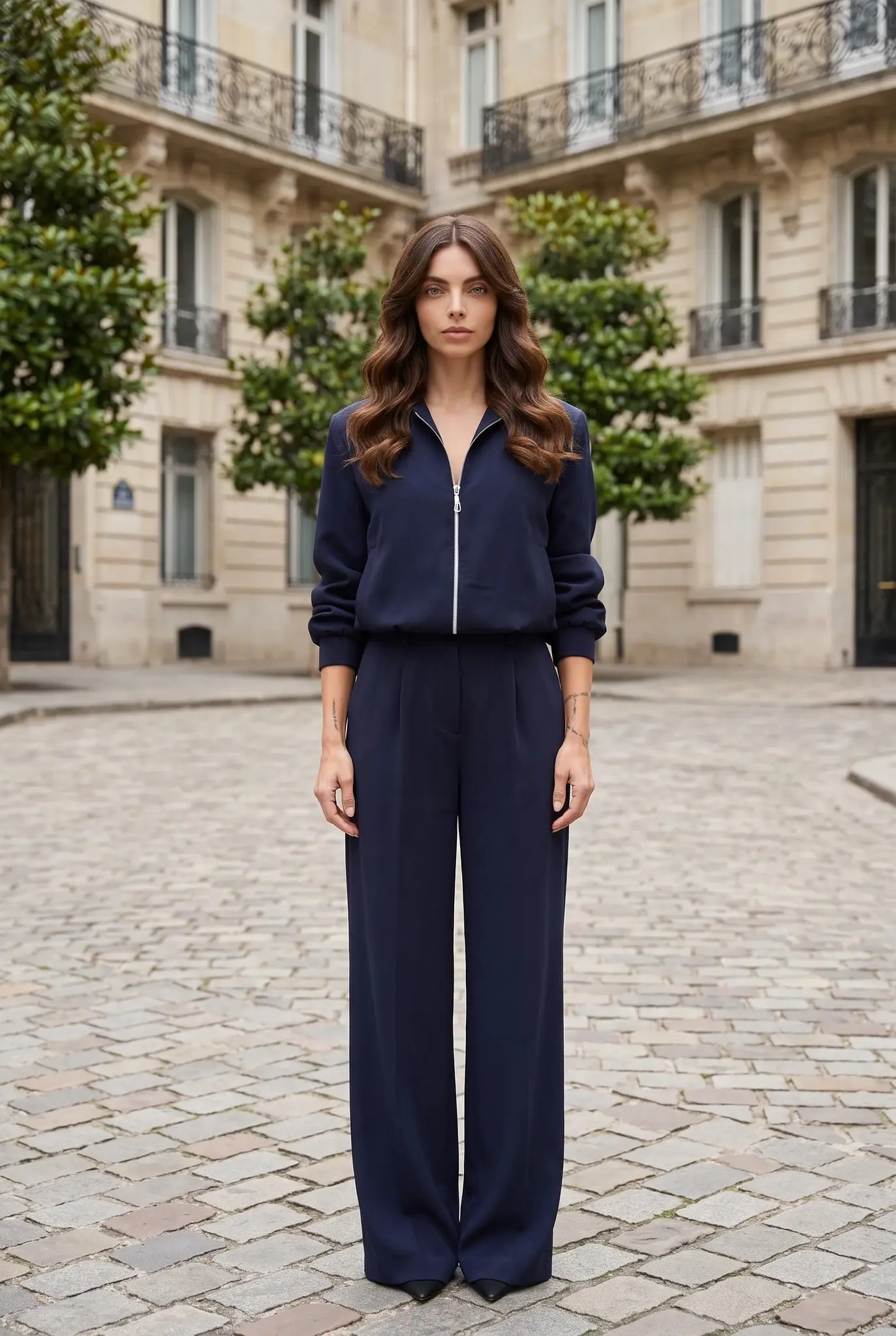 Completo da donna blu navy con giacca con zip e pantaloni a gamba larga
