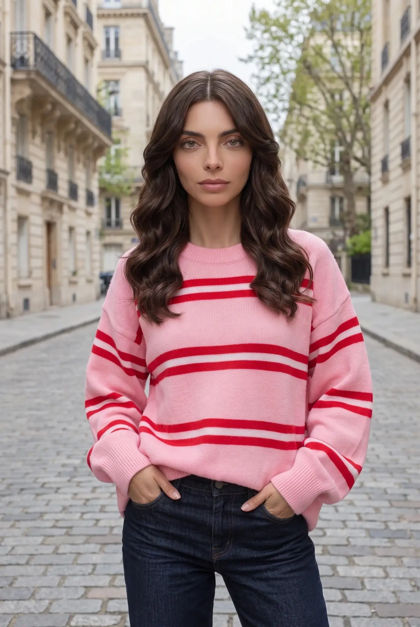 Suéter de Malha às Riscas Oversize com Decote Redondo para Mulher — Rosa