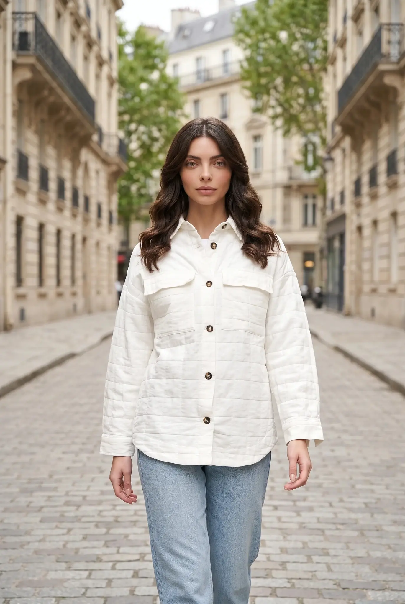 Giacca Camicia Oversize Strutturata Donna Ecrù con Tasche