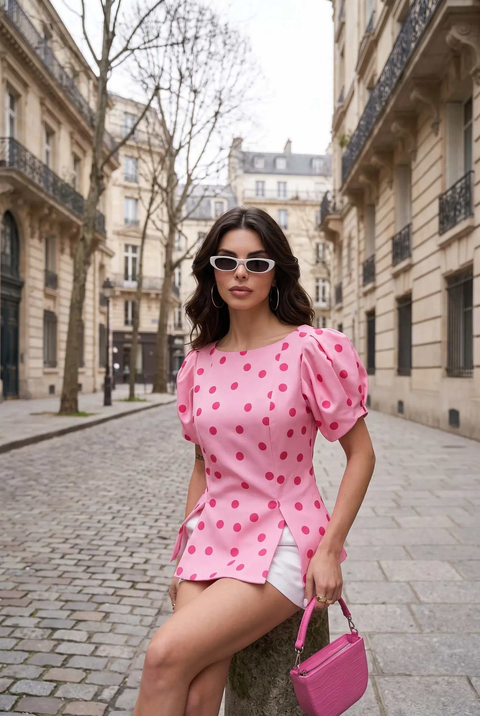 Damen Rosa Gepunktete Bluse mit Puffärmeln und Schulterpolstern