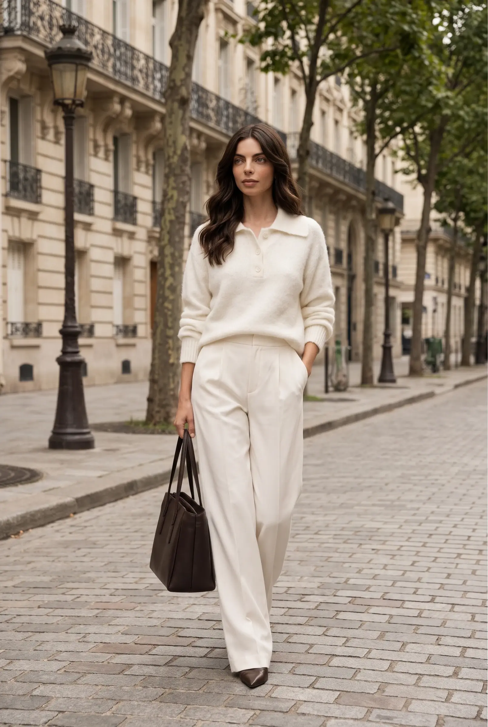 Suéter Polo Mulher Malha Manga Comprida Branco-Sujo — Branco