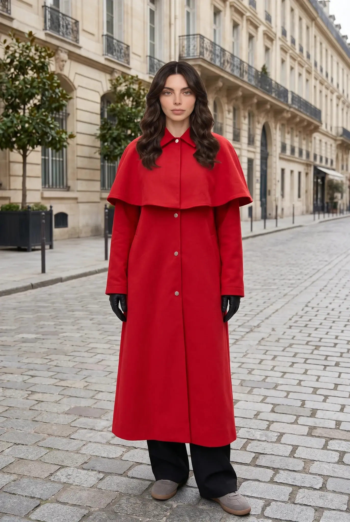 Langer roter Damen Trenchcoat mit Cape