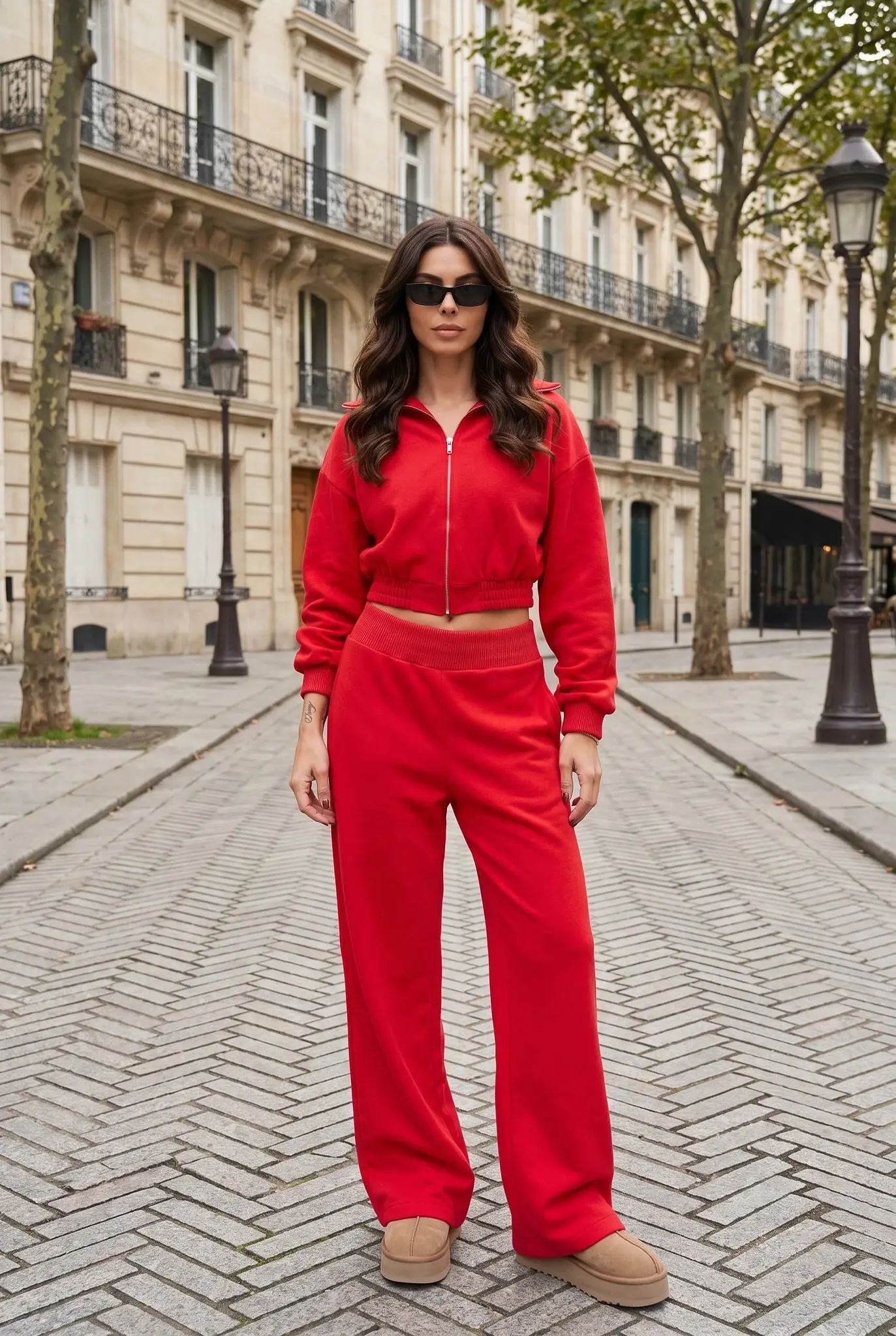 Conjunto de Agasalho Vermelho com Zíper Feminino Conjunto Lounge de 2 Peças