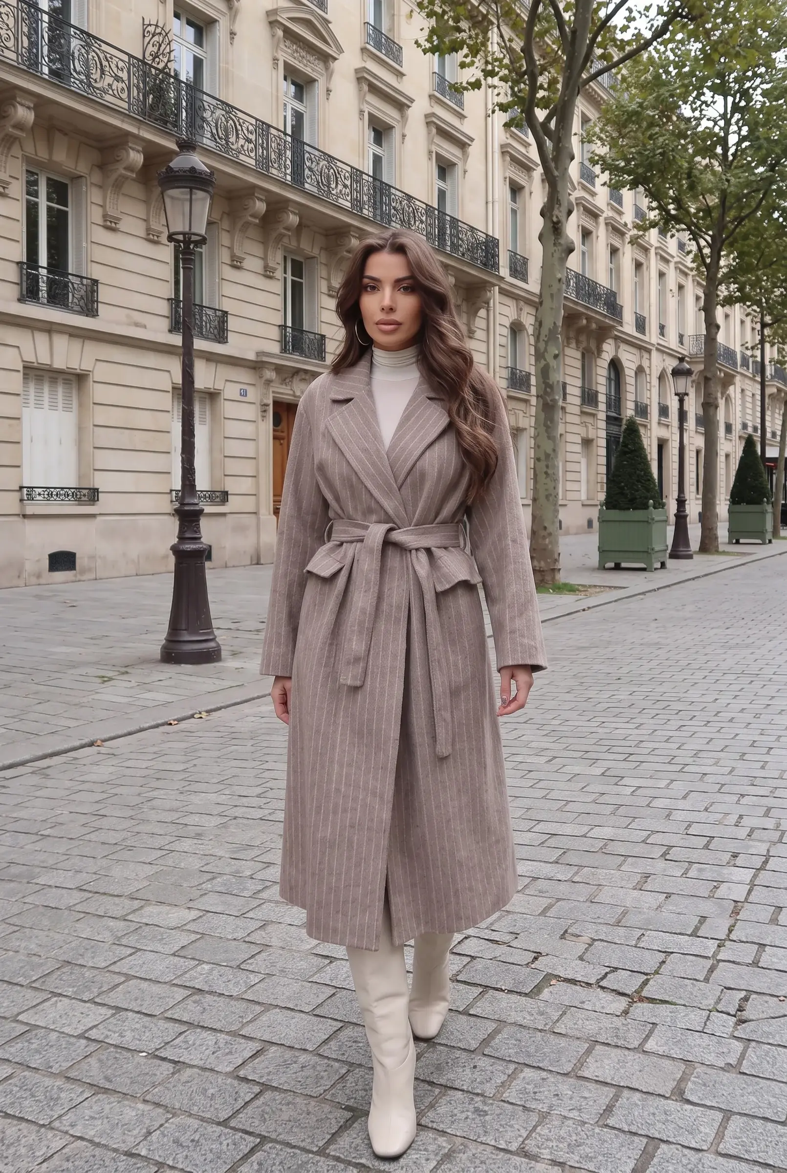 Women's Striped Belted Long Coat Beige