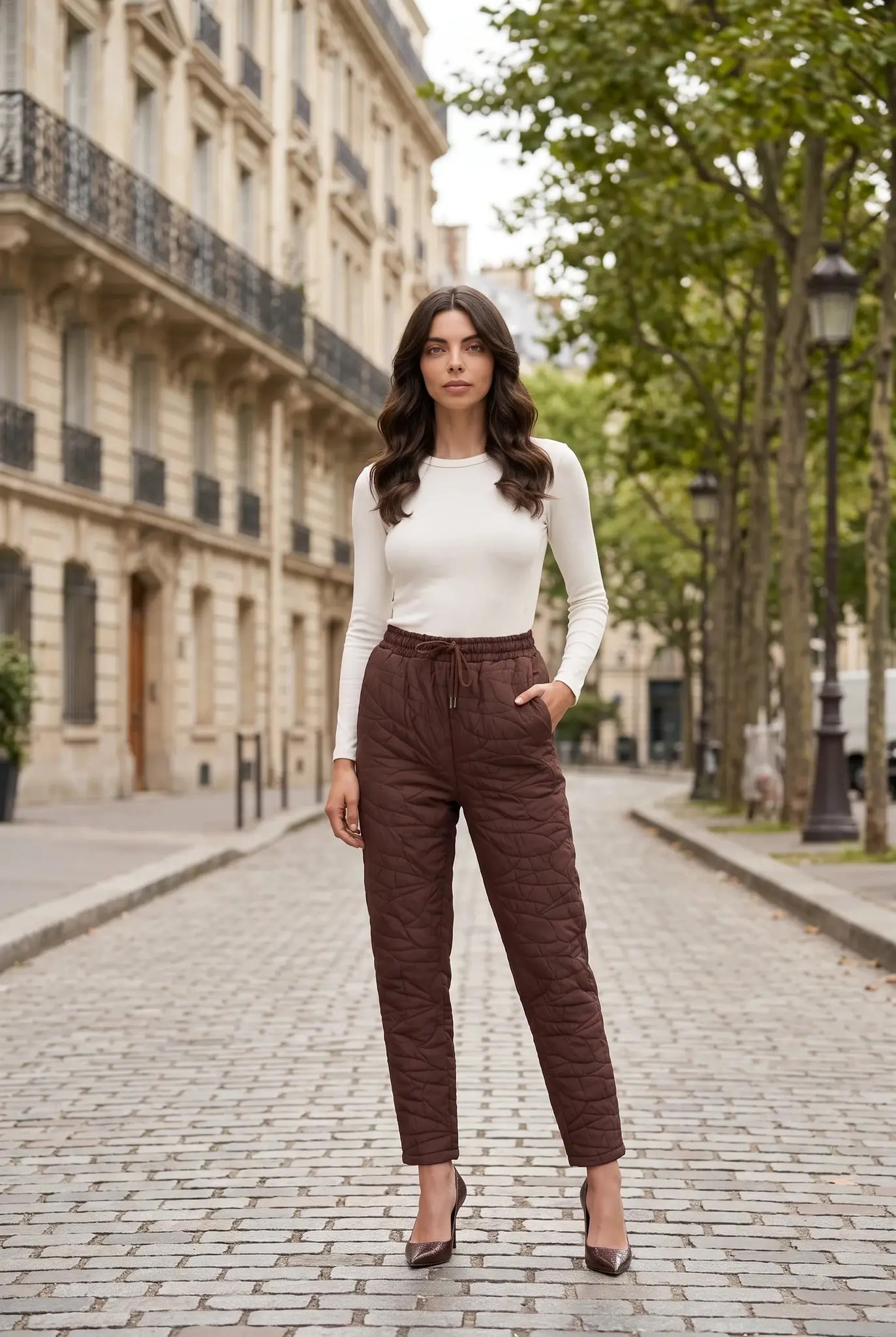 Damen Strukturierte Karottenhose mit Elastischem Bund Braun