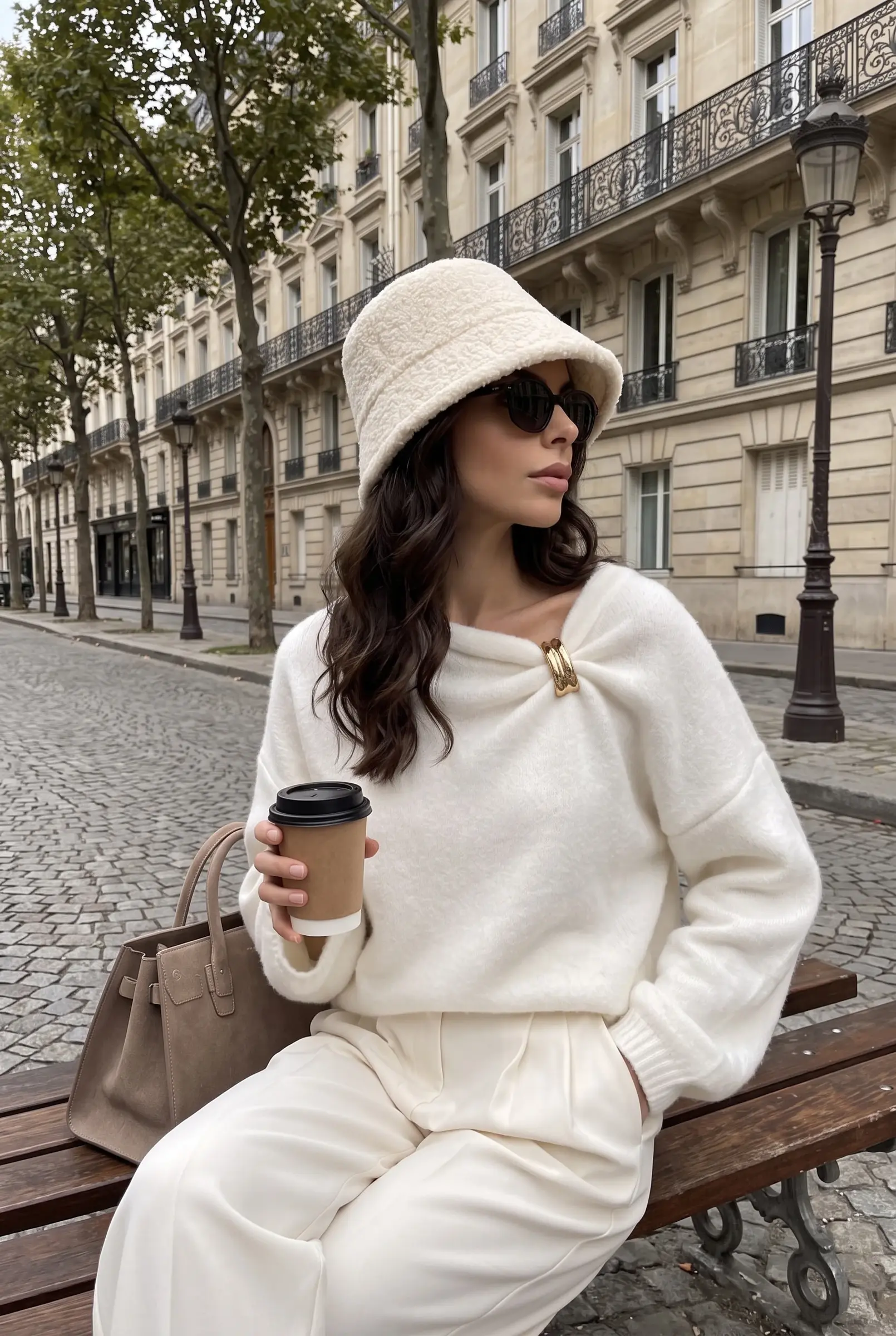 Suéter de Malha Branca com Decote Barco e Detalhe Metálico para Mulher — Branco