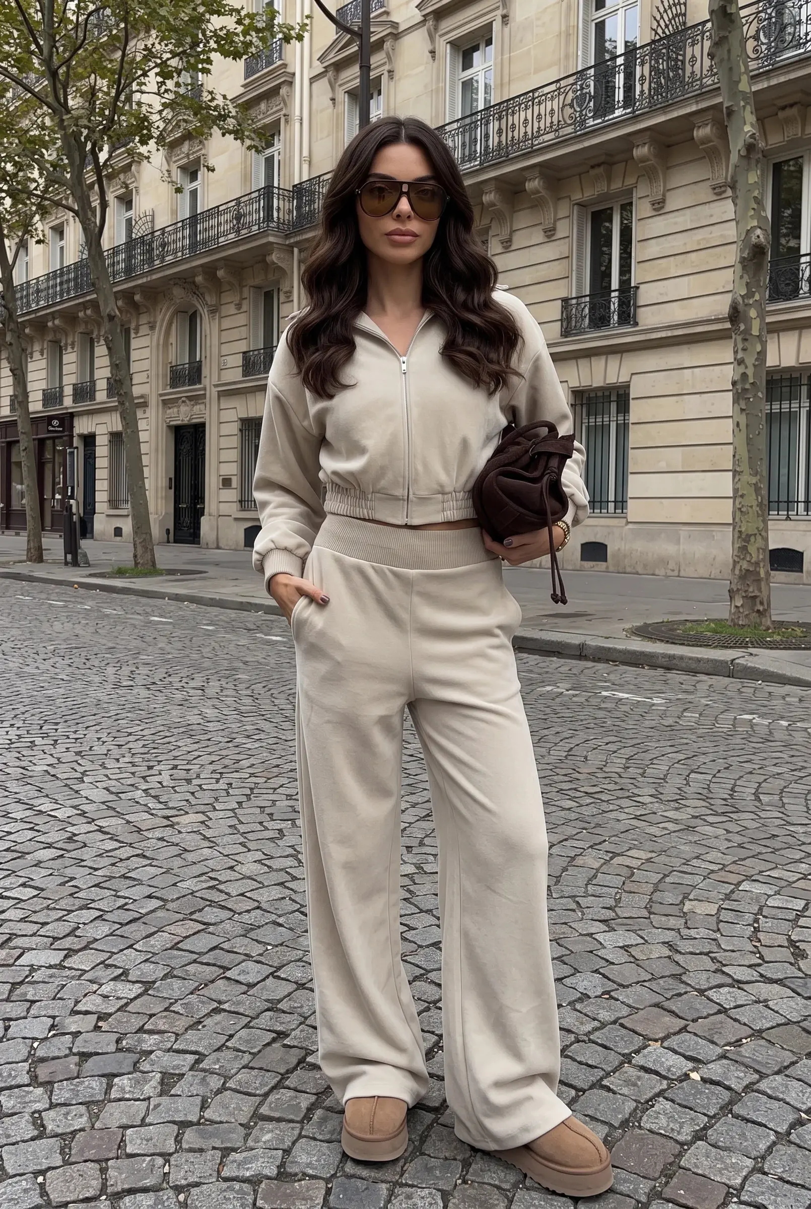 Set Felpa con Zip e Pantaloni da Donna - Beige