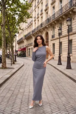 Elegantes Maxikleid mit Einem Langen Ärmel Anthrazit