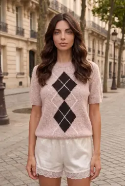 Maglione in Maglia Testurizzata a Maniche Corte con Motivo a Rombi Beige