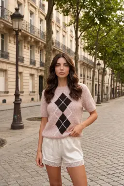 Maglione in Maglia Testurizzata a Maniche Corte con Motivo a Rombi Beige