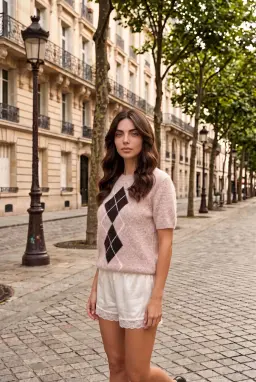 Maglione in Maglia Testurizzata a Maniche Corte con Motivo a Rombi Beige
