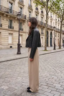 Beige Wide-Leg-Hose mit Umschlagbund