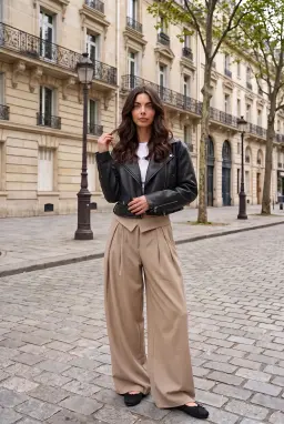 Beige Wide-Leg-Hose mit Umschlagbund